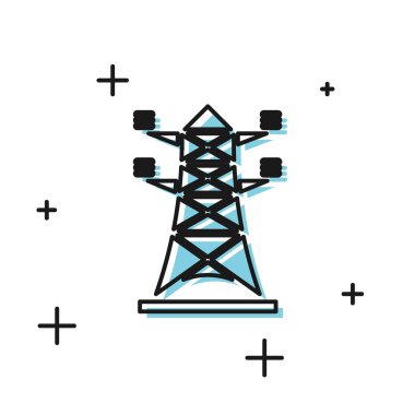 Siyah Elektrik Kulesi beyaz arka planda izole edilmiş bir güç hattı simgesini desteklemek için kullanılır. Yüksek voltajlı elektrik direği hattı. Vektör İllüstrasyonu
