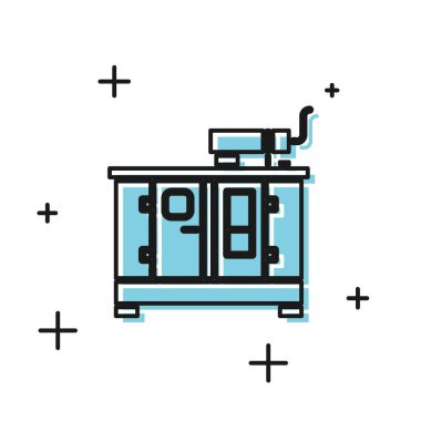 Siyah Diesel güç jeneratörü ikonu beyaz arkaplanda izole edildi. Sanayi ve ev taşınmaz güç jeneratörü. Vektör İllüstrasyonu