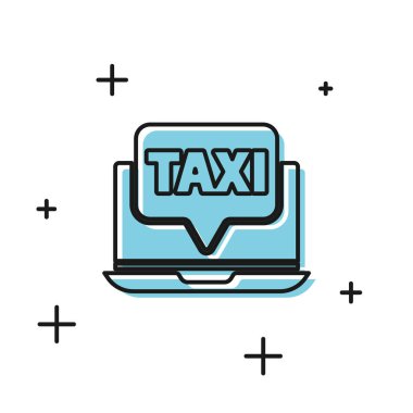 Siyah Laptop çağrı taksi servisi simgesi beyaz arkaplanda izole edildi. Vektör İllüstrasyonu