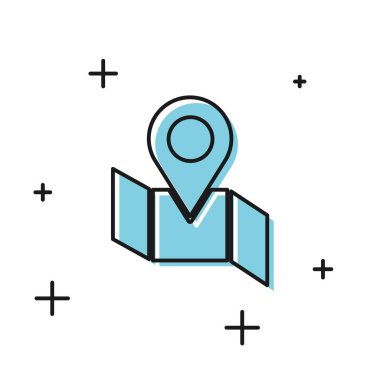 Beyaz arkaplanda konum belirleyici simgesi olan siyah katlı harita. Vektör İllüstrasyonu