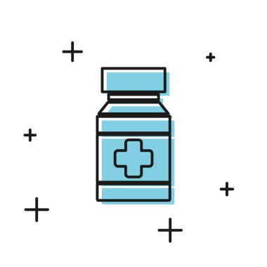 Siyah Köpek ilaç şişe ve hap simgesi beyaz arka plan üzerinde izole. Haplarla dolu bir kap. Hayvanlar için reçeteli ilaç. Vektör İllüstrasyonu