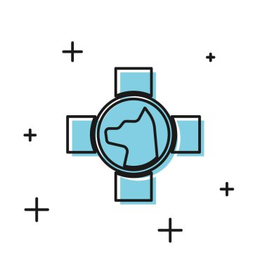 Siyah Veteriner kliniği sembol simgesi beyaz arka plan üzerinde izole. Köpek veteriner bakımı ile çapraz. Pet İlk Yardım işareti. Vektör İllüstrasyonu