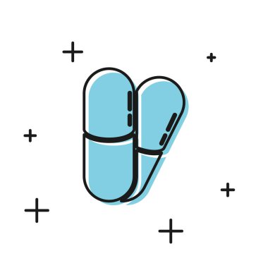 Siyah Köpek ve haplar simgesi beyaz arka plan üzerinde izole. Hayvanlar için reçeteli ilaç. Vektör İllüstrasyonu