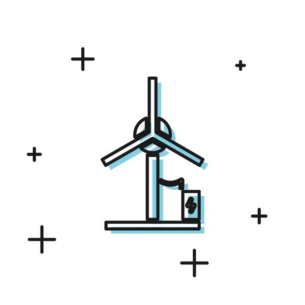 Czarna ikona turbiny wiatrowej na białym tle. Znak generatora wiatru. Wiatrak do produkcji energii elektrycznej. Ilustracja wektora — Wektor stockowy