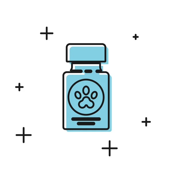 Siyah Köpek ilaç şişe ve hap simgesi beyaz arka plan üzerinde izole. Haplarla dolu bir kap. Hayvanlar için reçeteli ilaç. Vektör İllüstrasyonu — Stok Vektör