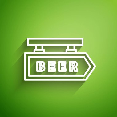 Beyaz çizgi sokak tabelasında yeşil arka planda bira simgesi var. Reklamlar için uygun bar, kafe, bar, restoran. Vektör İllüstrasyonu