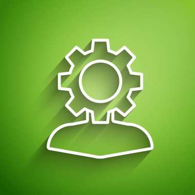 White line Human with gear inside icon isolated on green background. Artificial intelligence. Thinking brain sign. Symbol work of brain.  Vector Illustration