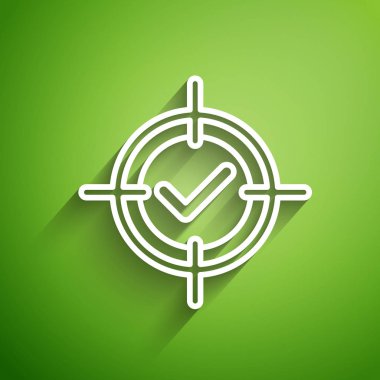 Yeşil arkaplanda beyaz çizgi hedef ve işaretleme simgesi izole edildi. Dart tahtası işareti. Okçuluk tahtası simgesi. Dartboard işareti. İş hedefi kavramı. Vektör İllüstrasyonu