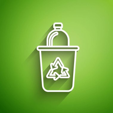 Yeşil arkaplanda izole edilmiş geri dönüşüm sembolü simgesi olan beyaz çizgi geri dönüşüm kutusu. Çöp kutusu simgesi. Çöp kutusu tabelası. Geri dönüşüm sepeti işareti. Vektör İllüstrasyonu