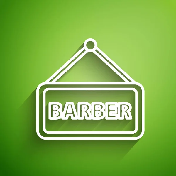 Ícone Barbershop Linha Branca Isolado Fundo Verde Logotipo Cabeleireiro Tabuleta — Vetor de Stock