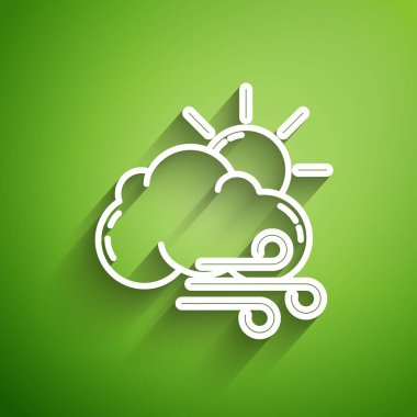 Beyaz çizgi Windy hava durumu ikonu yeşil arkaplanda izole edildi. Bulutlu ve rüzgarlı güneş. Vektör İllüstrasyonu