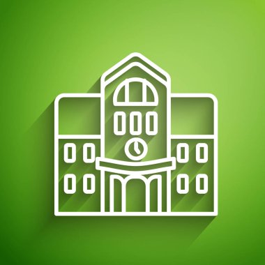 Beyaz çizgi okul binası ikonu yeşil arka planda izole edildi. Vektör İllüstrasyonu