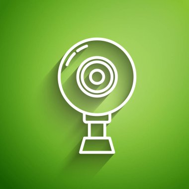 Beyaz çizgi Web kamera simgesi yeşil arkaplanda izole edildi. Sohbet kamerası. Web kamerası simgesi. Vektör İllüstrasyonu