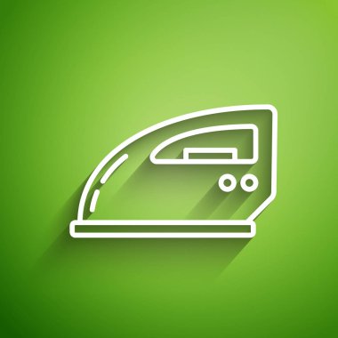 Beyaz çizgi elektrikli demir ikonu yeşil arkaplanda izole edildi. Buhar ütüsü. Vektör İllüstrasyonu