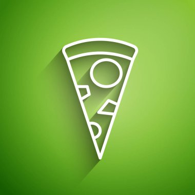 Yeşil arka planda beyaz çizgi pizza ikonu izole edilmiş. Vektör İllüstrasyonu