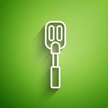 Beyaz çizgi Spatula simgesi yeşil arkaplanda izole edildi. Mutfak spatula ikonu. Bbq spatula işareti. Barbekü ve ızgara aleti. Vektör İllüstrasyonu