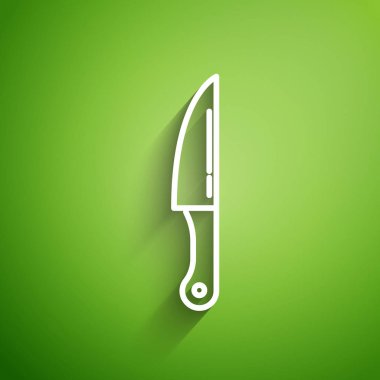 Beyaz çizgi bıçak simgesi yeşil arkaplanda izole edildi. Çatal bıçak sembolü. Vektör İllüstrasyonu