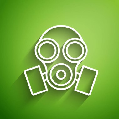 Yeşil arkaplanda beyaz çizgi gaz maskesi simgesi izole edildi. Solunum cihazı işareti. Vektör İllüstrasyonu