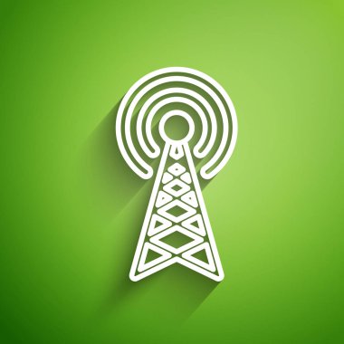 Beyaz çizgi Radar simgesi yeşil arkaplanda izole edildi. Askeri arama sistemi. Vektör İllüstrasyonu