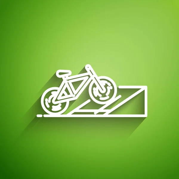 White line Bicycle on street ramp icon isolated on green background. Skate park. Extreme sport. Sport equipment.  Vector Illustration