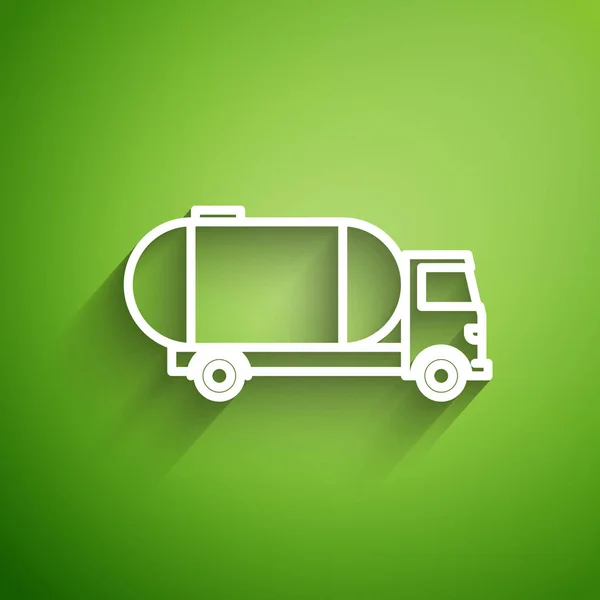 White line Tanker truck icon isolated on green background. Petroleum tanker, petrol truck, cistern, oil trailer.  Vector Illustration