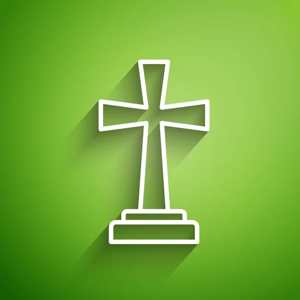 White Line Tombstone Cross Icon Isolated Green Background Grave Icon — Stock Vector