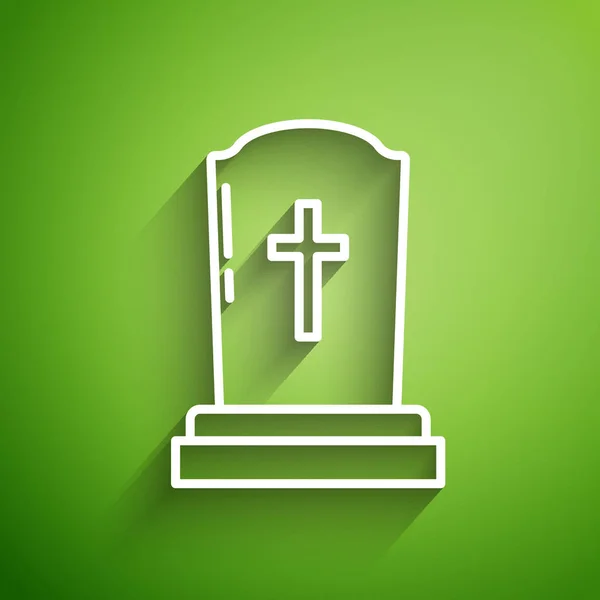 White Line Tombstone Cross Icon Isolated Green Background Grave Icon — Stock Vector