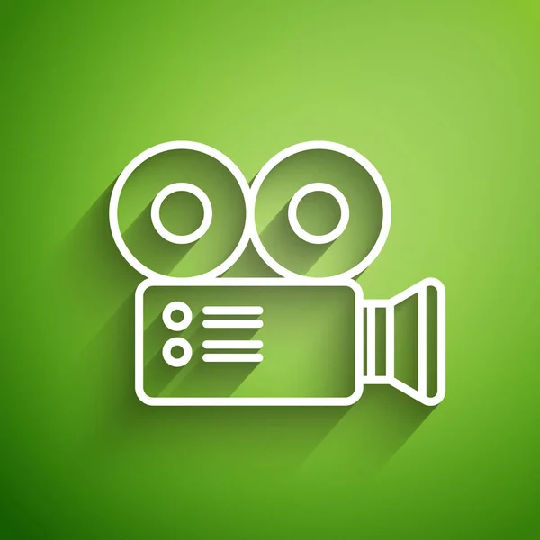 Witte Lijn Cinema Camera Pictogram Geïsoleerd Groene Achtergrond Videocamera Filmbord — Stockvector