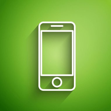 Yeşil arkaplanda uygulamalı beyaz çizgi mobil akıllı telefon ikonu izole edildi. Paket takibi. Vektör İllüstrasyonu
