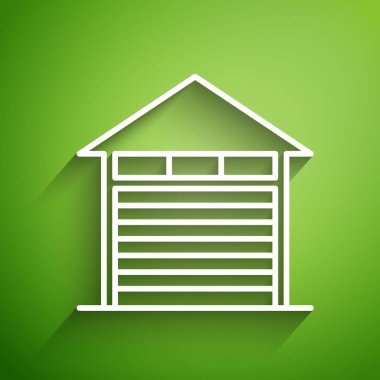 Beyaz çizgi kapalı depo simgesi yeşil arkaplanda izole edildi. Vektör İllüstrasyonu