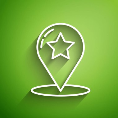 Yeşil zemin üzerinde yıldız simgesi olan beyaz çizgi haritası işaretçisi. Yıldız favori iğne haritası simgesi. Harita işaretleyicileri. Vektör İllüstrasyonu