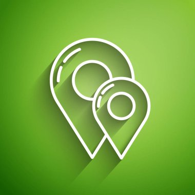 Yeşil arkaplanda beyaz çizgi haritası simgesi izole edildi. Navigasyon, işaret, konum, harita, GPS, yön, yer, pusula, temas, arama konsepti. Vektör İllüstrasyonu
