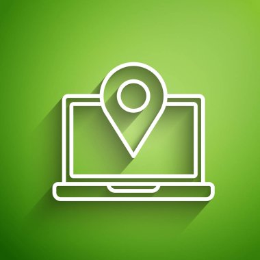 Yeşil arkaplanda konum belirleyici simgesi olan beyaz çizgi dizüstü bilgisayar. Vektör İllüstrasyonu
