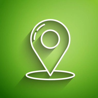 Yeşil arkaplanda beyaz çizgi haritası simgesi izole edildi. Navigasyon, işaret, konum, harita, GPS, yön, yer, pusula, temas, arama konsepti. Vektör İllüstrasyonu