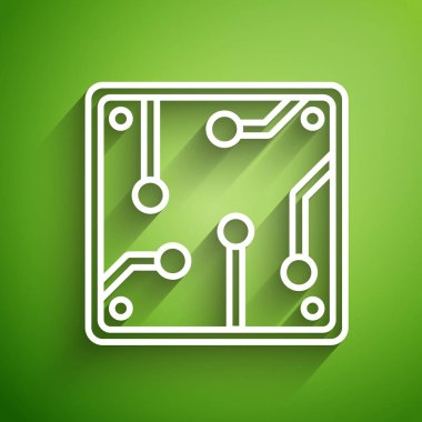 Beyaz çizgi İşlemci simgesi yeşil arkaplanda izole edildi. İşlemci, merkezi işlem birimi, mikroçip, mikro devre, bilgisayar işlemcisi, çip. Vektör İllüstrasyonu