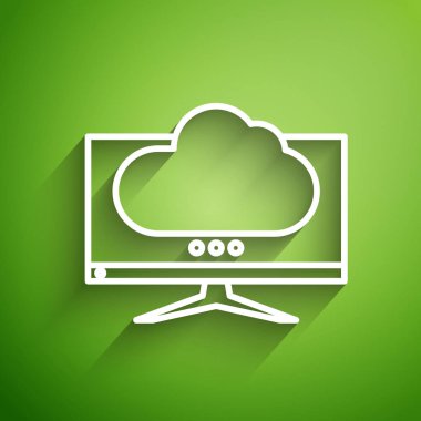 Beyaz çizgi bilgisayar ekran simgesi yeşil arkaplanda izole edildi. Elektronik cihaz. Ön manzara. Vektör İllüstrasyonu