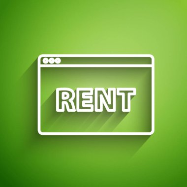 Çevrimiçi kira simgesinin yeşil arkaplanda izole edildiği beyaz çizgi asılı işareti. Metin Rent 'li pano. Vektör İllüstrasyonu