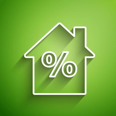 Yeşil arka planda izole edilmiş indirimli etiket simgesine sahip Beyaz Hat Evi. Evin yüzdesi tabela fiyatı. Emlak evi. Vektör İllüstrasyonu