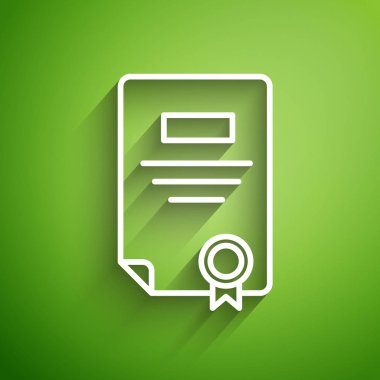 Yeşil arkaplanda beyaz çizgi sertifika şablon simgesi izole edildi. Başarı, ödül, diploma, burs, diploma. İş başarısı sertifikası Vektör İllüstrasyonu