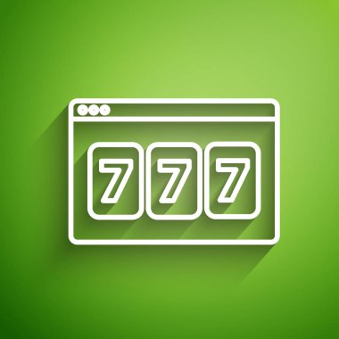 Yeşil arka planda izole edilmiş şanslı yedili büyük ikramiye ikonu olan White Line Online slot makinesi. İnternetteki kumarhane. Vektör İllüstrasyonu