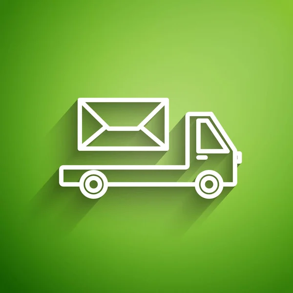 White line Post truck icon isolated on green background. Mail car. Vehicle truck transport with envelope or letter.  Vector Illustration