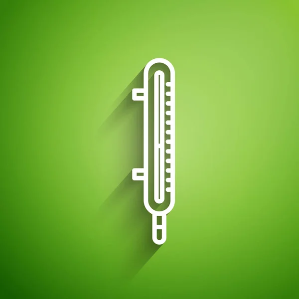 白线气象温度计测量图标孤立在绿色背景 显示炎热或寒冷天气的温度计设备 病媒图解 — 图库矢量图片