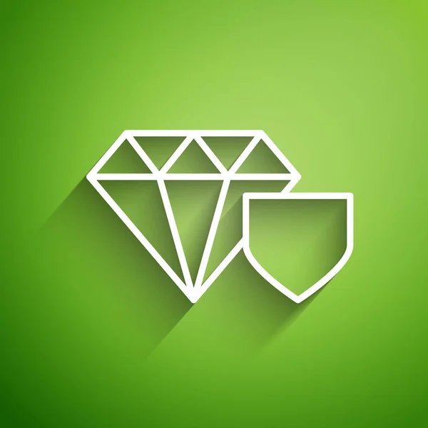 Línea Blanca Diamante Con Icono Escudo Aislado Sobre Fondo Verde — Vector de stock