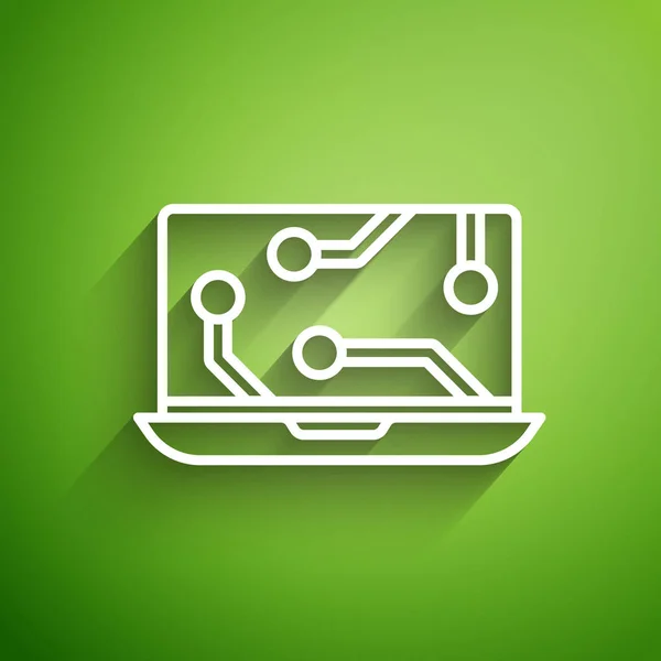 Witte Lijn Laptop Pictogram Geïsoleerd Groene Achtergrond Technologie Apparaten Concept — Stockvector