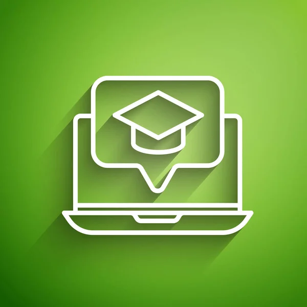 Linha Branca Capa Graduação Ícone Laptop Tela Isolado Fundo Verde — Vetor de Stock