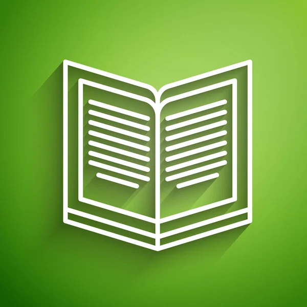 Línea Blanca Icono Libro Abierto Aislado Sobre Fondo Verde Ilustración — Vector de stock