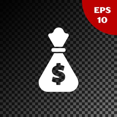 Beyaz para çantası simgesi şeffaf koyu arka planda izole. Dolar veya USD sembolü. Nakit bankacılık para birimi işareti. Vektör Illustration
