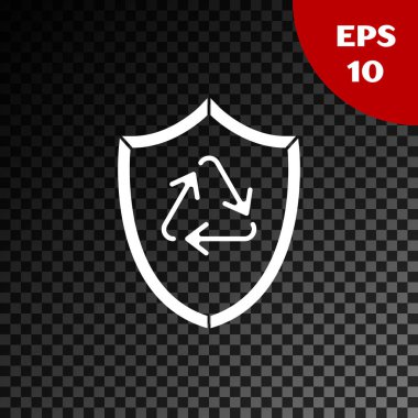 Beyaz Geri Dönüşüm sembolü, şeffaf koyu arkaplanda izole edilmiş bir kalkan simgesi. Çevre koruma işareti. Vektör İllüstrasyonu