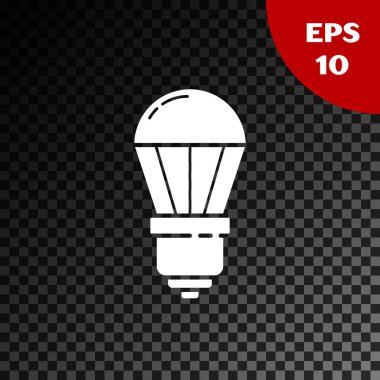 Beyaz Led ampul simgesi, şeffaf koyu arkaplanda izole edildi. Ekonomik Liderlik Ampulü. Enerji lambasını sakla. Vektör İllüstrasyonu