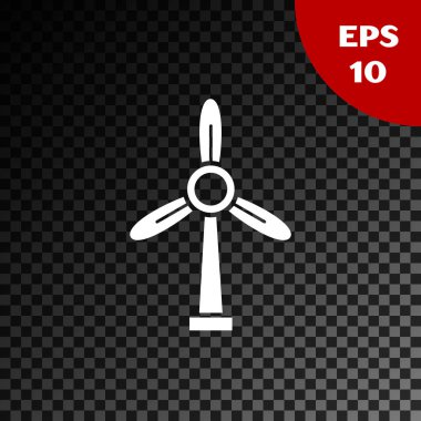 Beyaz Rüzgar türbin simgesi şeffaf koyu arkaplanda izole edildi. Rüzgar jeneratörü işareti. Elektrik üretimi için yel değirmeni. Vektör İllüstrasyonu